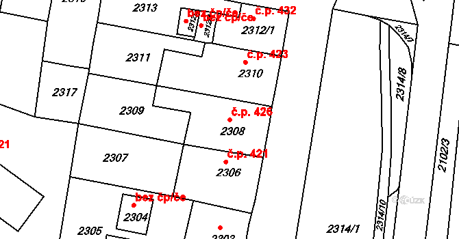 Jirkov 426 na parcele st. 2308 v KÚ Jirkov, Katastrální mapa
