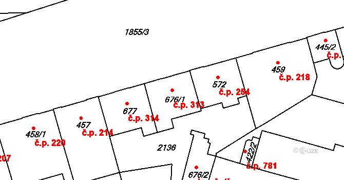 Pražské Předměstí 313, Hradec Králové na parcele st. 676/1 v KÚ Pražské Předměstí, Katastrální mapa