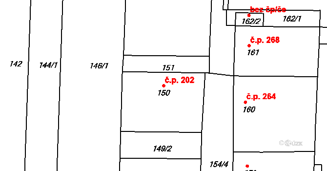 Blažovice 202 na parcele st. 150 v KÚ Blažovice, Katastrální mapa