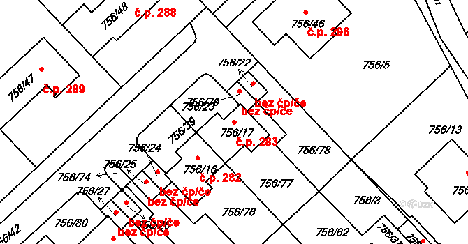 Kobeřice u Brna 283 na parcele st. 756/17 v KÚ Kobeřice u Brna, Katastrální mapa