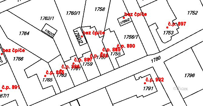 Šluknov 889 na parcele st. 1757 v KÚ Šluknov, Katastrální mapa