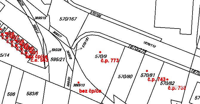 Vyškov-Předměstí 773, Vyškov na parcele st. 570/9 v KÚ Vyškov, Katastrální mapa