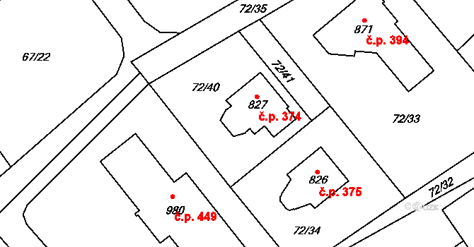 Senohraby 374 na parcele st. 827 v KÚ Senohraby, Katastrální mapa
