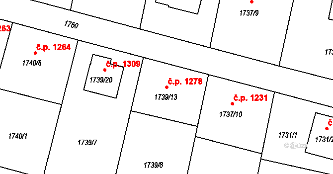 Benešov 1278 na parcele st. 1739/13 v KÚ Benešov u Prahy, Katastrální mapa