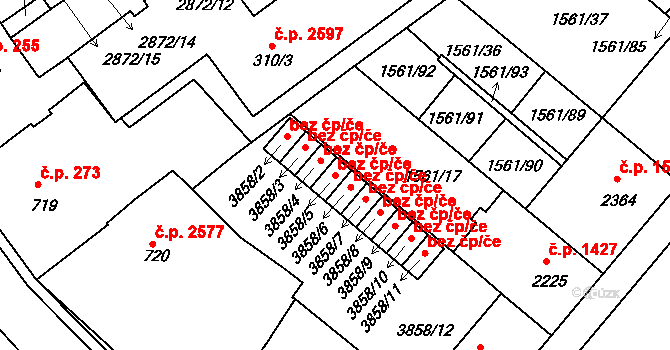 Písek 42160553 na parcele st. 3858/5 v KÚ Písek, Katastrální mapa