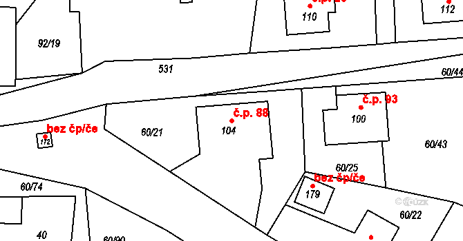 Vortová 88 na parcele st. 104 v KÚ Vortová, Katastrální mapa