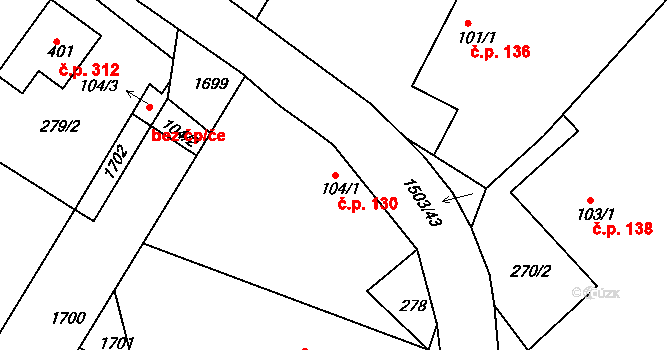 Rosice 130 na parcele st. 104/1 v KÚ Rosice u Chrasti, Katastrální mapa