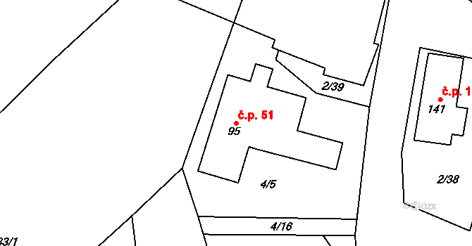 Jeníkov 51 na parcele st. 95 v KÚ Jeníkov u Hlinska, Katastrální mapa