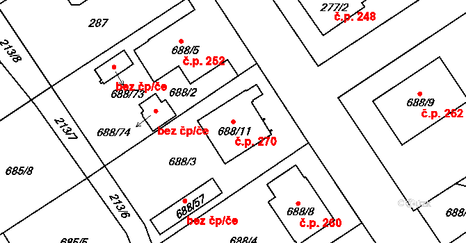 Chotíkov 270 na parcele st. 688/11 v KÚ Chotíkov, Katastrální mapa