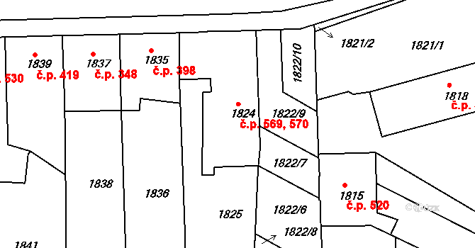 Veselí nad Lužnicí II 569,570, Veselí nad Lužnicí na parcele st. 1824 v KÚ Veselí nad Lužnicí, Katastrální mapa