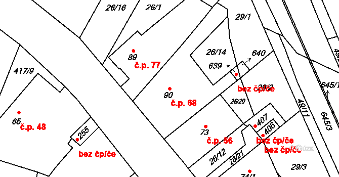 Trnová 68, Pardubice na parcele st. 90 v KÚ Trnová, Katastrální mapa