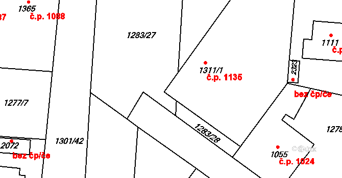 Přelouč 1135 na parcele st. 1311/1 v KÚ Přelouč, Katastrální mapa