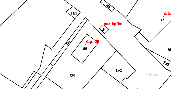 Černíč 28 na parcele st. 86 v KÚ Černíč, Katastrální mapa