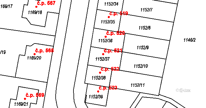 Plumlov 521 na parcele st. 1152/37 v KÚ Plumlov, Katastrální mapa