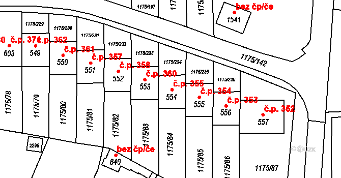 Vranov nad Dyjí 355 na parcele st. 554 v KÚ Vranov nad Dyjí, Katastrální mapa