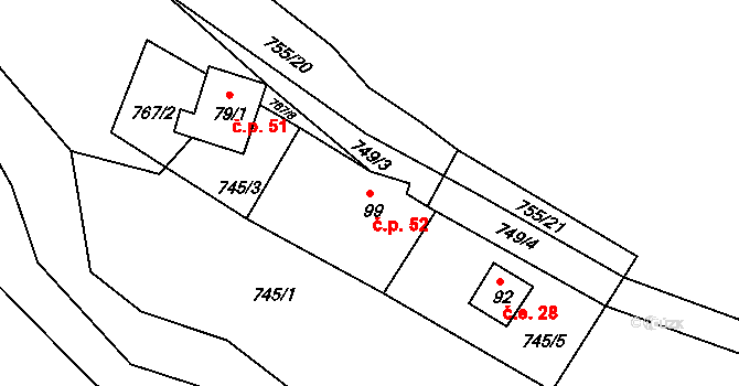 Verušice 52, Žlutice na parcele st. 99 v KÚ Verušice, Katastrální mapa