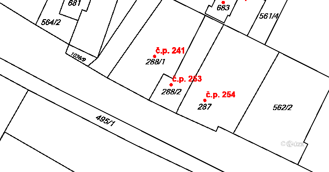 Rožďalovice 253 na parcele st. 288/2 v KÚ Rožďalovice, Katastrální mapa