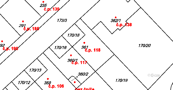Humny 118, Pchery na parcele st. 361 v KÚ Pchery, Katastrální mapa