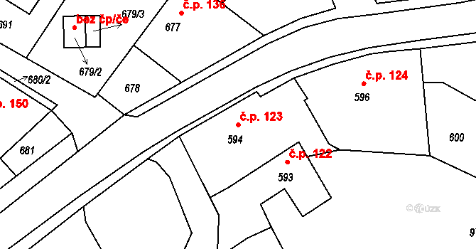 Stonařov 123 na parcele st. 594 v KÚ Stonařov, Katastrální mapa