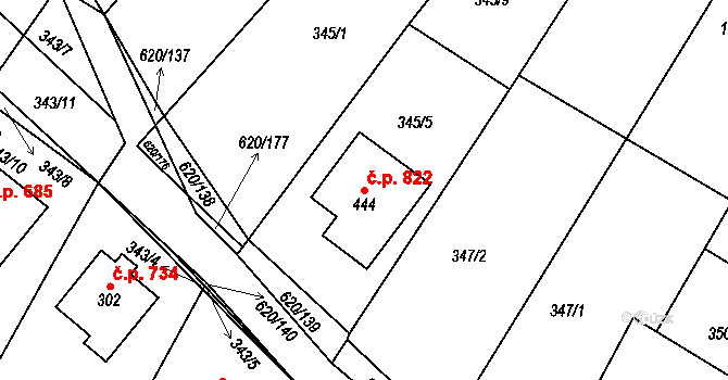 Chvalčov 822 na parcele st. 444 v KÚ Chvalčova Lhota, Katastrální mapa