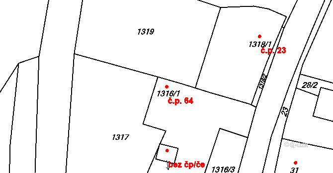 Hlubočky 64 na parcele st. 1316/1 v KÚ Hlubočky, Katastrální mapa