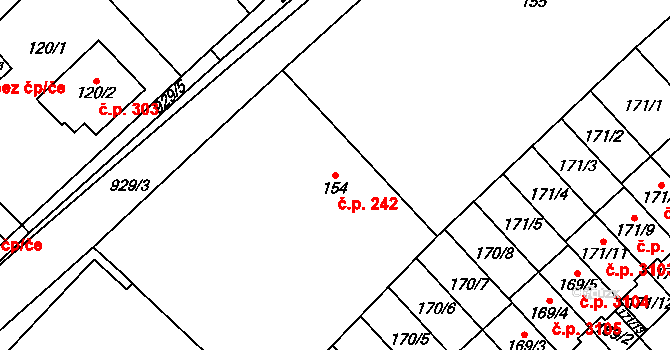 Milovice 242 na parcele st. 154 v KÚ Milovice nad Labem, Katastrální mapa