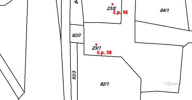 Benátky 39 na parcele st. 23/1 v KÚ Benátky u Litomyšle, Katastrální mapa