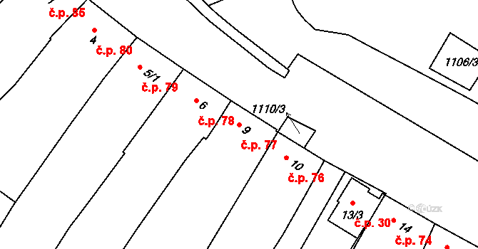Rouchovany 77 na parcele st. 9 v KÚ Rouchovany, Katastrální mapa