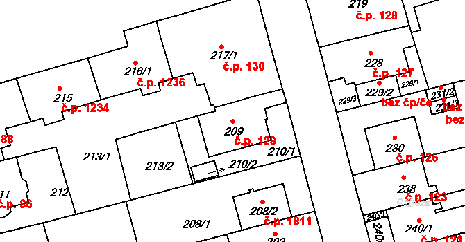 Černá Pole 129, Brno na parcele st. 209 v KÚ Černá Pole, Katastrální mapa