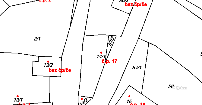 Přáslavice 17, Samšín na parcele st. 14/1 v KÚ Přáslavice, Katastrální mapa