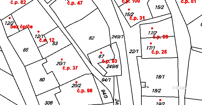 Žabonosy 83 na parcele st. 67 v KÚ Žabonosy, Katastrální mapa