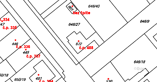 Borohrádek 488 na parcele st. 672 v KÚ Borohrádek, Katastrální mapa