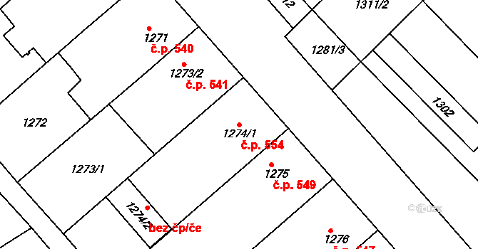 Hrušky 554 na parcele st. 1274/1 v KÚ Hrušky, Katastrální mapa