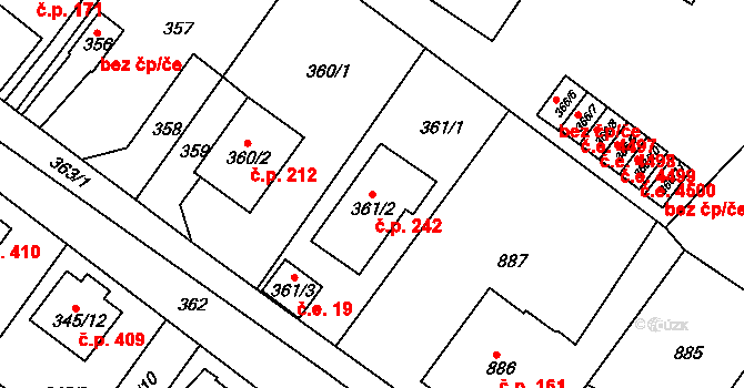 Skorotice 242, Ústí nad Labem na parcele st. 361/2 v KÚ Skorotice u Ústí nad Labem, Katastrální mapa