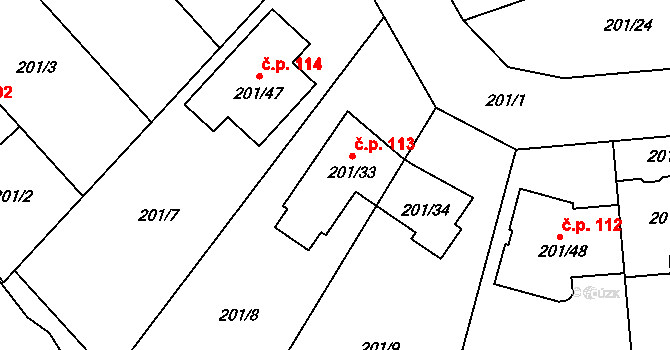 Popovice 113 na parcele st. 201/33 v KÚ Popovice u Rajhradu, Katastrální mapa