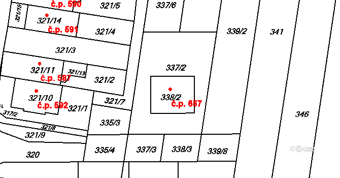 Obřany 657, Brno na parcele st. 338/2 v KÚ Obřany, Katastrální mapa