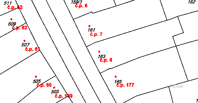 Milešovice 8 na parcele st. 163 v KÚ Milešovice, Katastrální mapa