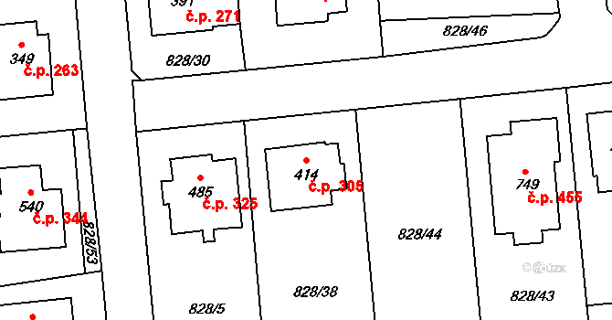 Louky 305, Zlín na parcele st. 414 v KÚ Louky nad Dřevnicí, Katastrální mapa