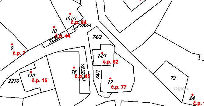 Krhov 82, Bojkovice na parcele st. 14/1 v KÚ Krhov u Bojkovic, Katastrální mapa