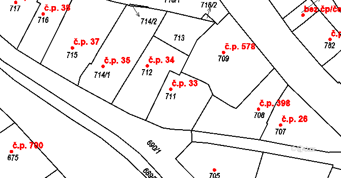 Buchlovice 33 na parcele st. 711 v KÚ Buchlovice, Katastrální mapa