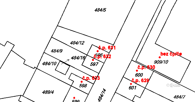 Milevsko 631 na parcele st. 596 v KÚ Milevsko, Katastrální mapa