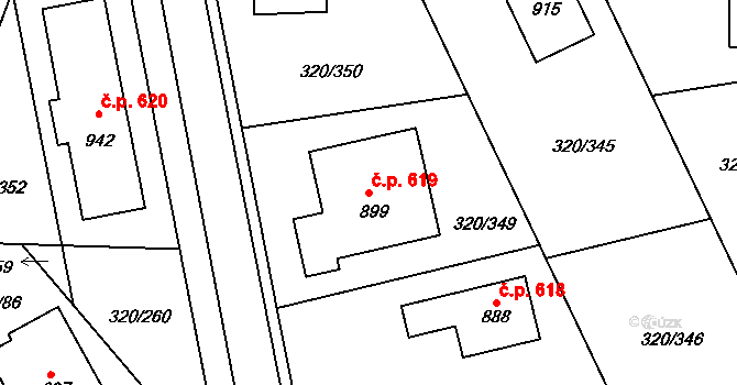 Přední Ptákovice 619, Strakonice na parcele st. 899 v KÚ Přední Ptákovice, Katastrální mapa