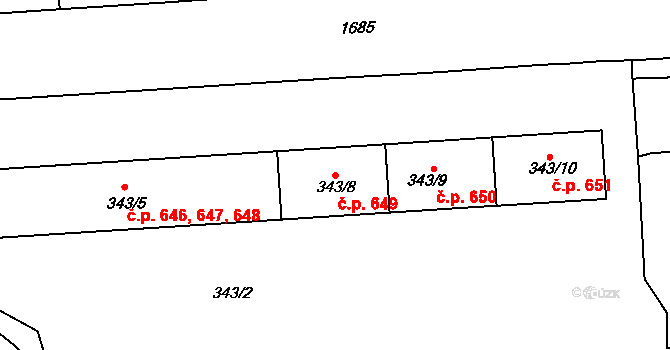 Hronov 649,650,651 na parcele st. 343/8 v KÚ Hronov, Katastrální mapa