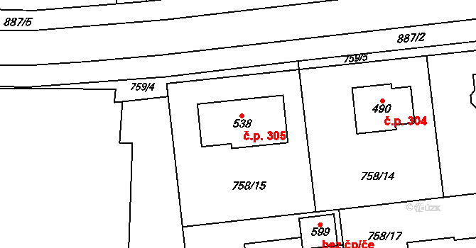 Choltice 305 na parcele st. 538 v KÚ Choltice, Katastrální mapa