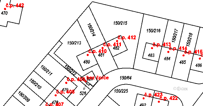Mratín 411 na parcele st. 481 v KÚ Mratín, Katastrální mapa