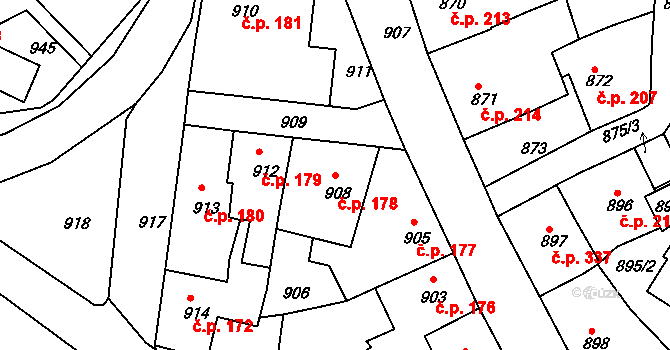 Kamenice nad Lipou 178 na parcele st. 908 v KÚ Kamenice nad Lipou, Katastrální mapa