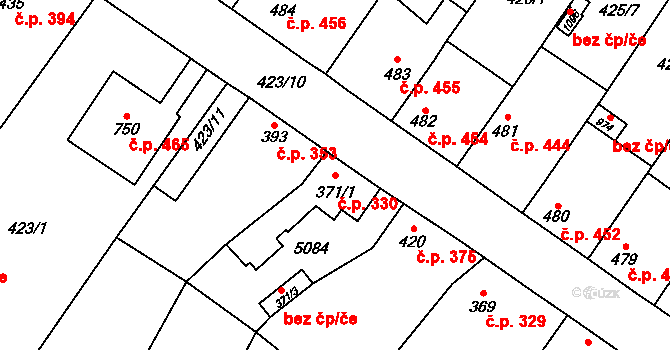 Kryry 330 na parcele st. 371/1 v KÚ Kryry, Katastrální mapa