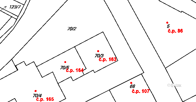 Hlízov 163 na parcele st. 70/3 v KÚ Hlízov, Katastrální mapa