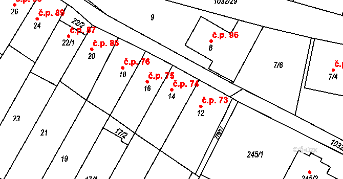 Tetčice 74 na parcele st. 14 v KÚ Tetčice, Katastrální mapa