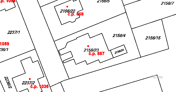 Lužice 857 na parcele st. 2156/23 v KÚ Lužice u Hodonína, Katastrální mapa